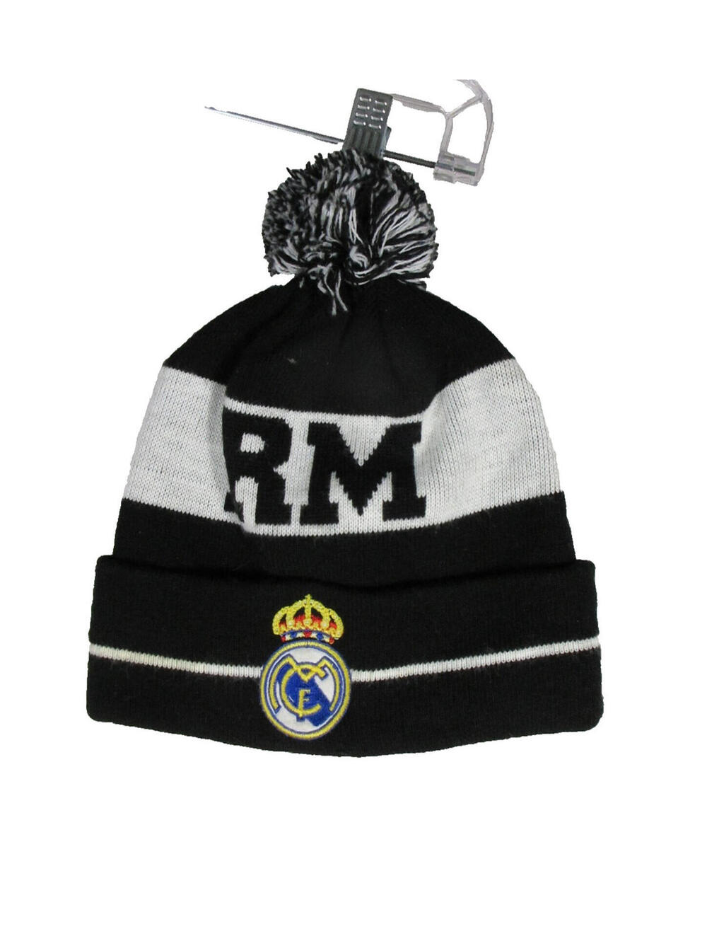 Real Madrid RM 100% Acrylic Knit Beanie Pom Pom Winter Hat Black/White